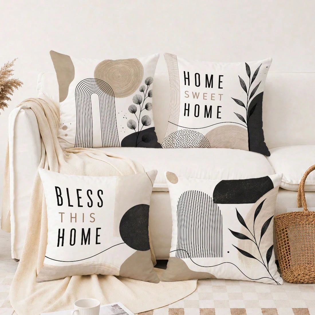 MEMNUN 4pcs Cream Modern Geometric Line Black & White Leaf Print Pattern Pillow Covers [No Insert], 40*40cm/45*45cm/50*50cm, [Single-Sided Print] Artistic Curved Circular Abstract Color Block Home Swe
