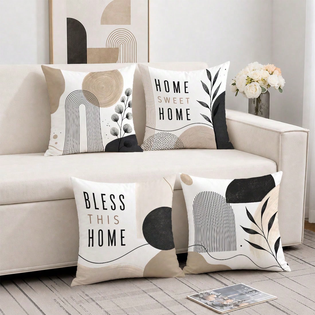 MEMNUN 4pcs Cream Modern Geometric Line Black & White Leaf Print Pattern Pillow Covers [No Insert], 40*40cm/45*45cm/50*50cm, [Single-Sided Print] Artistic Curved Circular Abstract Color Block Home Swe