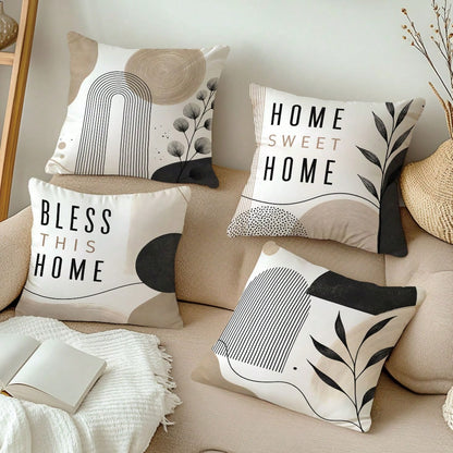 MEMNUN 4pcs Cream Modern Geometric Line Black & White Leaf Print Pattern Pillow Covers [No Insert], 40*40cm/45*45cm/50*50cm, [Single-Sided Print] Artistic Curved Circular Abstract Color Block Home Swe