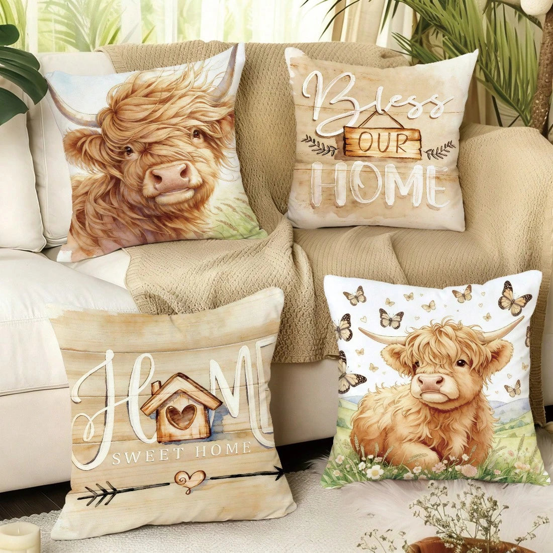 MEMNUN 4pcs Watercolor Style Fresh Highland Cow Illustration Print Pattern Throw Pillow Covers [Pillow Insert Not Included], 40*40cm/45*45cm/50*50cm, [Single-Sided Printing] Bless Our Home & Home Swee