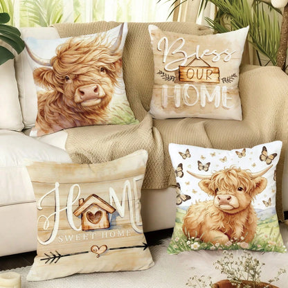 MEMNUN 4pcs Watercolor Style Fresh Highland Cow Illustration Print Pattern Throw Pillow Covers [Pillow Insert Not Included], 40*40cm/45*45cm/50*50cm, [Single-Sided Printing] Bless Our Home & Home Swee