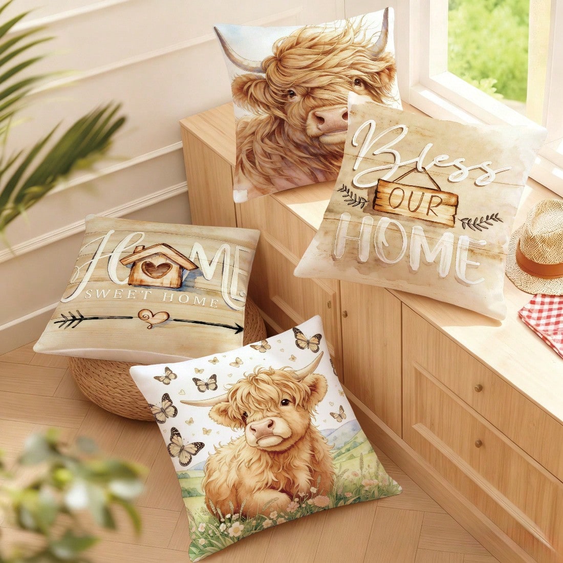 MEMNUN 4pcs Watercolor Style Fresh Highland Cow Illustration Print Pattern Throw Pillow Covers [Pillow Insert Not Included], 40*40cm/45*45cm/50*50cm, [Single-Sided Printing] Bless Our Home & Home Swee