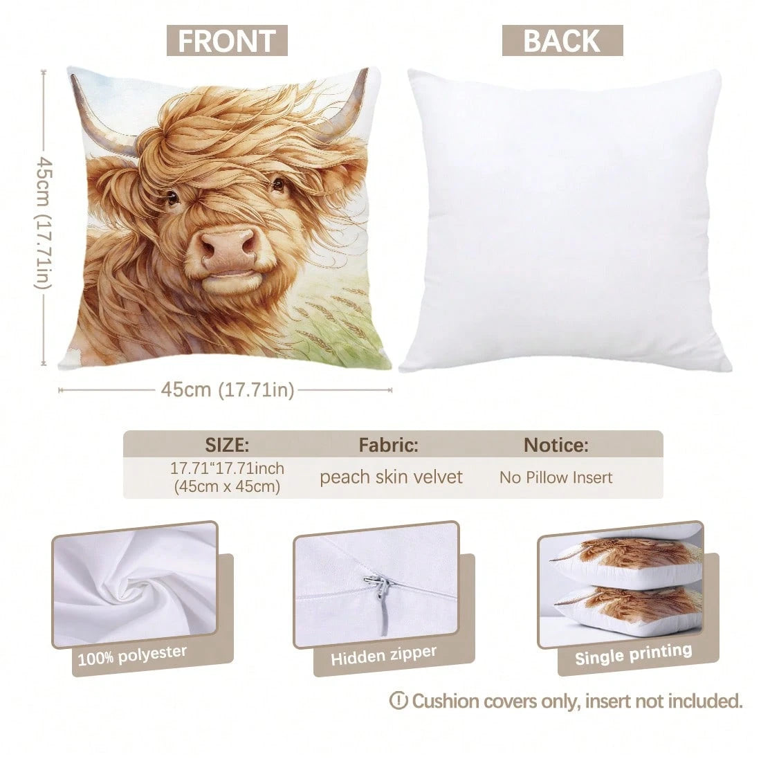 MEMNUN 4pcs Watercolor Style Fresh Highland Cow Illustration Print Pattern Throw Pillow Covers [Pillow Insert Not Included], 40*40cm/45*45cm/50*50cm, [Single-Sided Printing] Bless Our Home & Home Swee