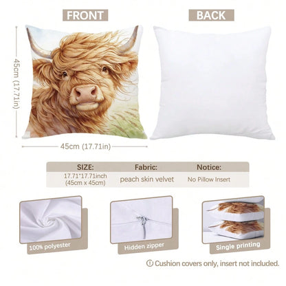 MEMNUN 4pcs Watercolor Style Fresh Highland Cow Illustration Print Pattern Throw Pillow Covers [Pillow Insert Not Included], 40*40cm/45*45cm/50*50cm, [Single-Sided Printing] Bless Our Home & Home Swee