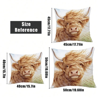 MEMNUN 4pcs Watercolor Style Fresh Highland Cow Illustration Print Pattern Throw Pillow Covers [Pillow Insert Not Included], 40*40cm/45*45cm/50*50cm, [Single-Sided Printing] Bless Our Home & Home Swee