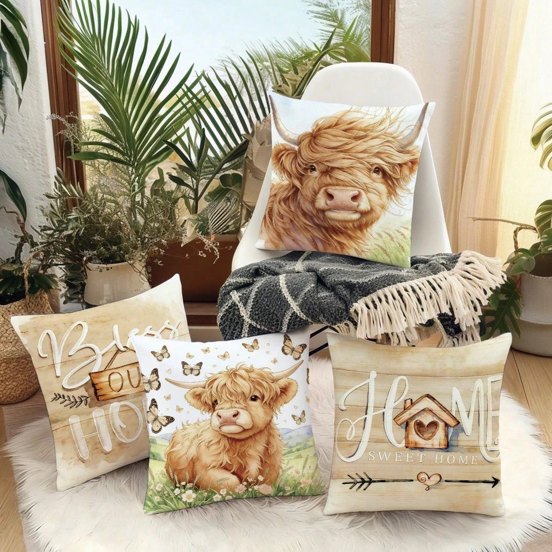 MEMNUN 4pcs Watercolor Style Fresh Highland Cow Illustration Print Pattern Throw Pillow Covers [Pillow Insert Not Included], 40*40cm/45*45cm/50*50cm, [Single-Sided Printing] Bless Our Home & Home Swee