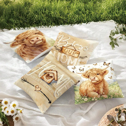 MEMNUN 4pcs Watercolor Style Fresh Highland Cow Illustration Print Pattern Throw Pillow Covers [Pillow Insert Not Included], 40*40cm/45*45cm/50*50cm, [Single-Sided Printing] Bless Our Home & Home Swee