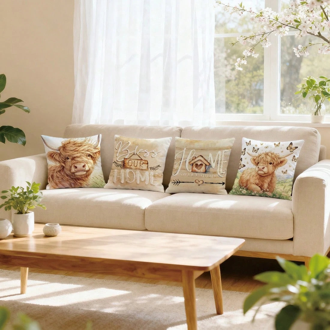 MEMNUN 4pcs Watercolor Style Fresh Highland Cow Illustration Print Pattern Throw Pillow Covers [Pillow Insert Not Included], 40*40cm/45*45cm/50*50cm, [Single-Sided Printing] Bless Our Home & Home Swee