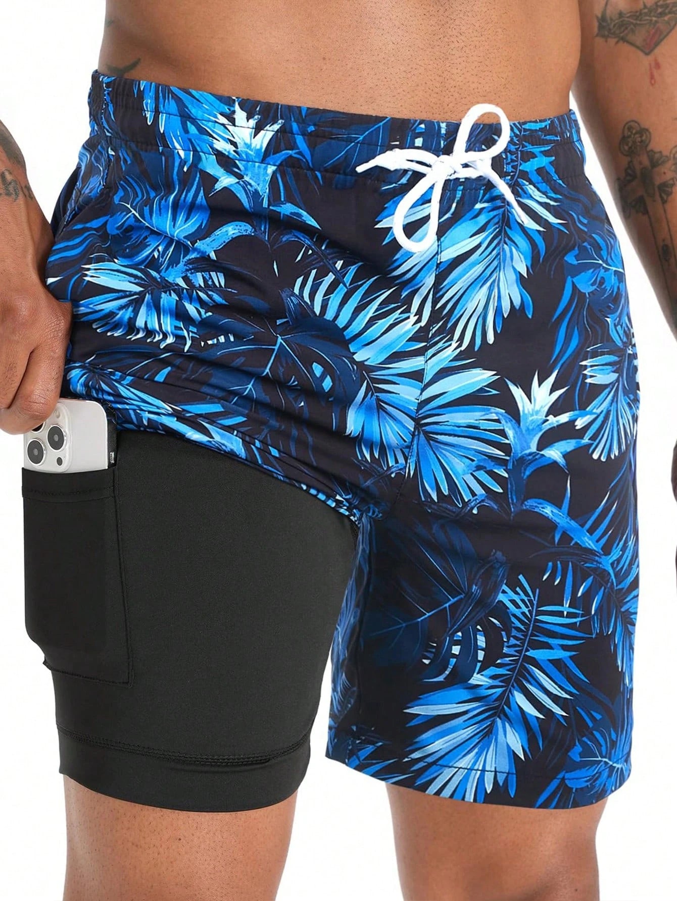 Men Plus Size Loose 3D Plant Print Men's Casual Beach Shorts With Compression Lining, Quick Dry Swim Trunks,Hawaiian