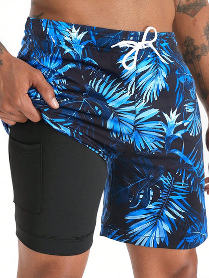 Men Plus Size Loose 3D Plant Print Men's Casual Beach Shorts With Compression Lining, Quick Dry Swim Trunks,Hawaiian