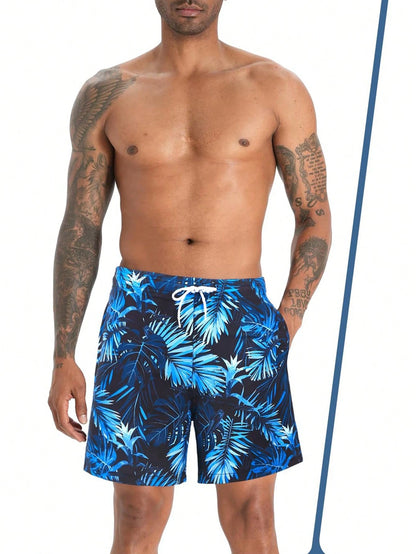 Men Plus Size Loose 3D Plant Print Men's Casual Beach Shorts With Compression Lining, Quick Dry Swim Trunks,Hawaiian
