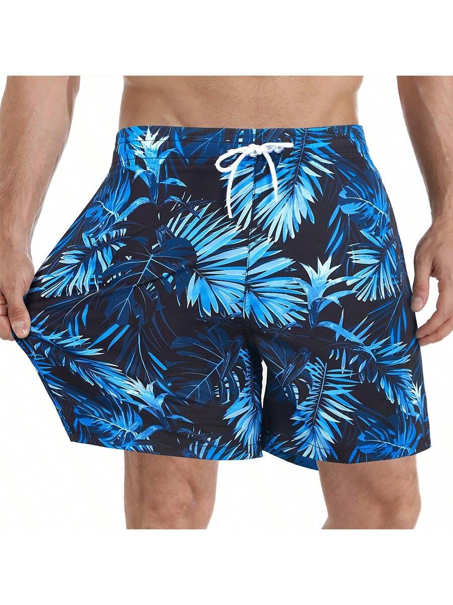 Men Plus Size Loose 3D Plant Print Men's Casual Beach Shorts With Compression Lining, Quick Dry Swim Trunks,Hawaiian