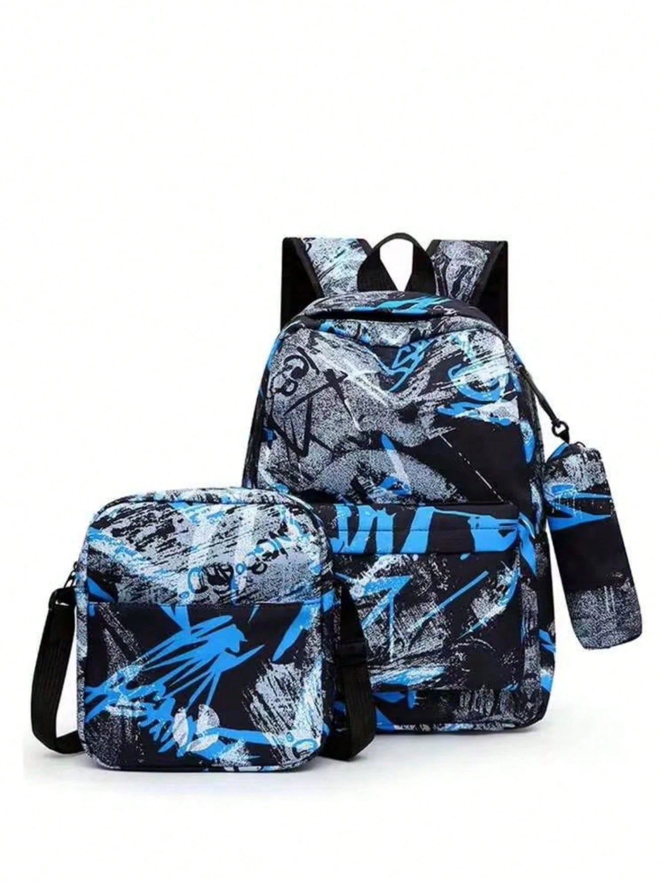 Men's 2-Piece Graffiti Print Nylon Backpack And Crossbody Bag Set, Street Style, Suitable For Teen Boys School (Back To School Backpack)