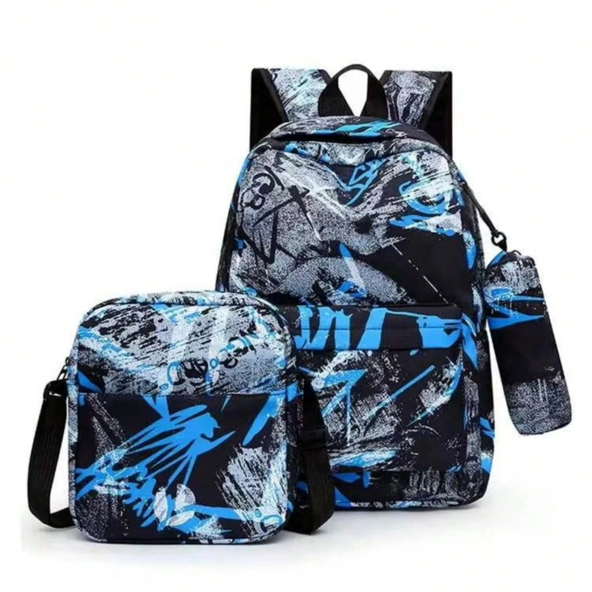 Men's 2-Piece Graffiti Print Nylon Backpack And Crossbody Bag Set, Street Style, Suitable For Teen Boys School (Back To School Backpack)