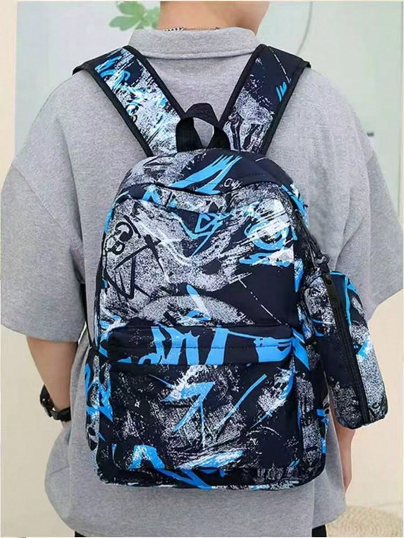 Men's 2-Piece Graffiti Print Nylon Backpack And Crossbody Bag Set, Street Style, Suitable For Teen Boys School (Back To School Backpack)