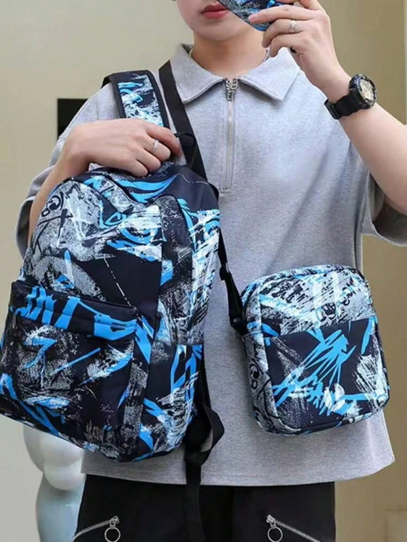Men's 2-Piece Graffiti Print Nylon Backpack And Crossbody Bag Set, Street Style, Suitable For Teen Boys School (Back To School Backpack)