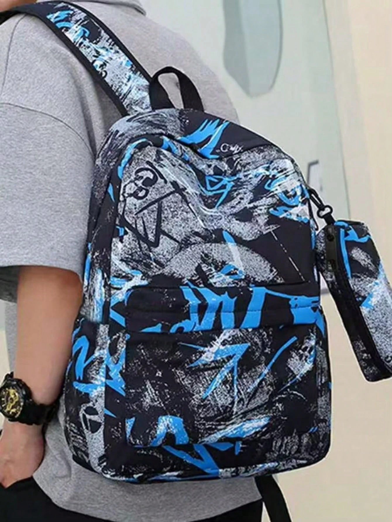 Men's 2-Piece Graffiti Print Nylon Backpack And Crossbody Bag Set, Street Style, Suitable For Teen Boys School (Back To School Backpack)