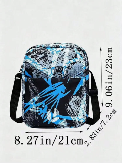 Men's 2-Piece Graffiti Print Nylon Backpack And Crossbody Bag Set, Street Style, Suitable For Teen Boys School (Back To School Backpack)