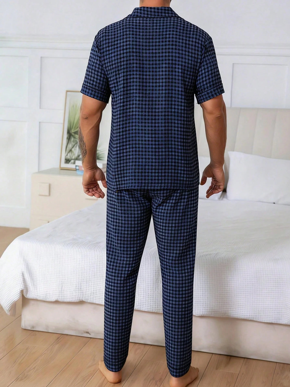 Men's Casual Plaid Print Short Sleeve Shirt And Pants 2-Piece Pajama Set, Comfortable Home Wear, Spring/Summer