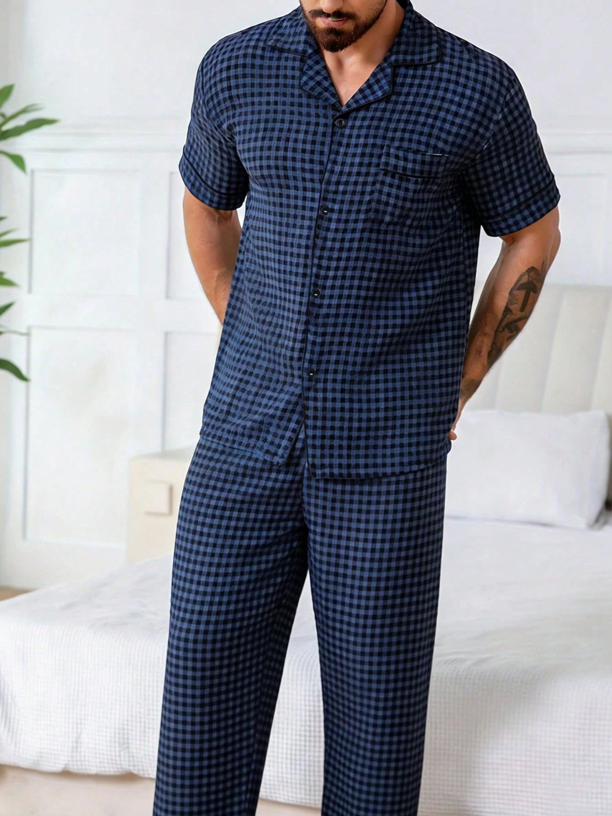 Men's Casual Plaid Print Short Sleeve Shirt And Pants 2-Piece Pajama Set, Comfortable Home Wear, Spring/Summer