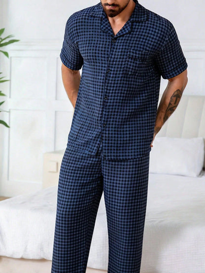 Men's Casual Plaid Print Short Sleeve Shirt And Pants 2-Piece Pajama Set, Comfortable Home Wear, Spring/Summer