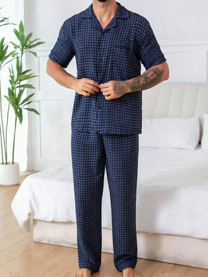 Men's Casual Plaid Print Short Sleeve Shirt And Pants 2-Piece Pajama Set, Comfortable Home Wear, Spring/Summer