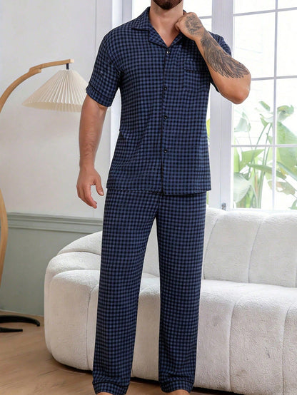 Men's Casual Plaid Print Short Sleeve Shirt And Pants 2-Piece Pajama Set, Comfortable Home Wear, Spring/Summer