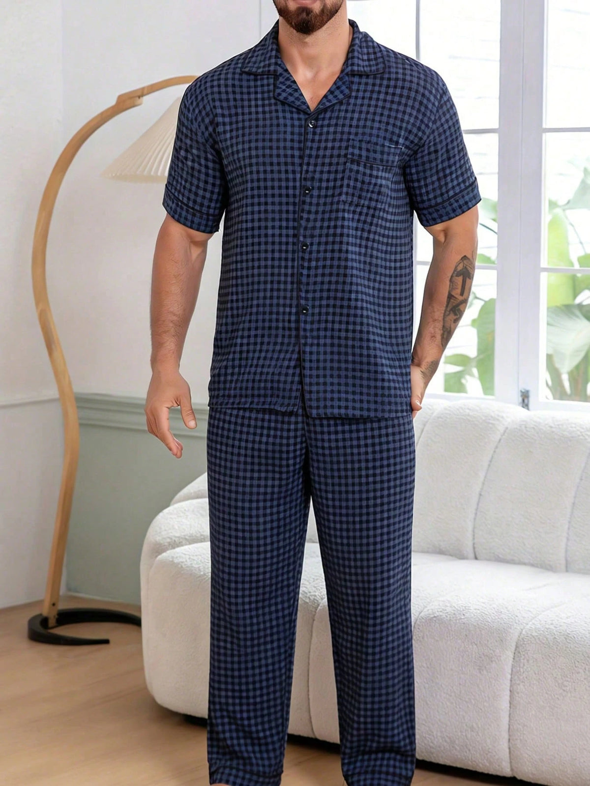 Men's Casual Plaid Print Short Sleeve Shirt And Pants 2-Piece Pajama Set, Comfortable Home Wear, Spring/Summer