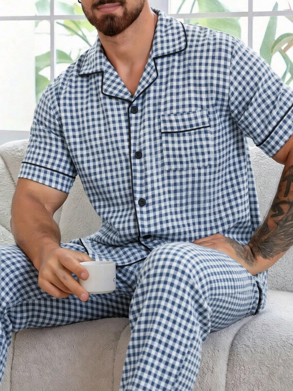 Men's Casual Plaid Print Short Sleeve Shirt And Pants 2-Piece Pajama Set, Comfortable Home Wear, Spring/Summer