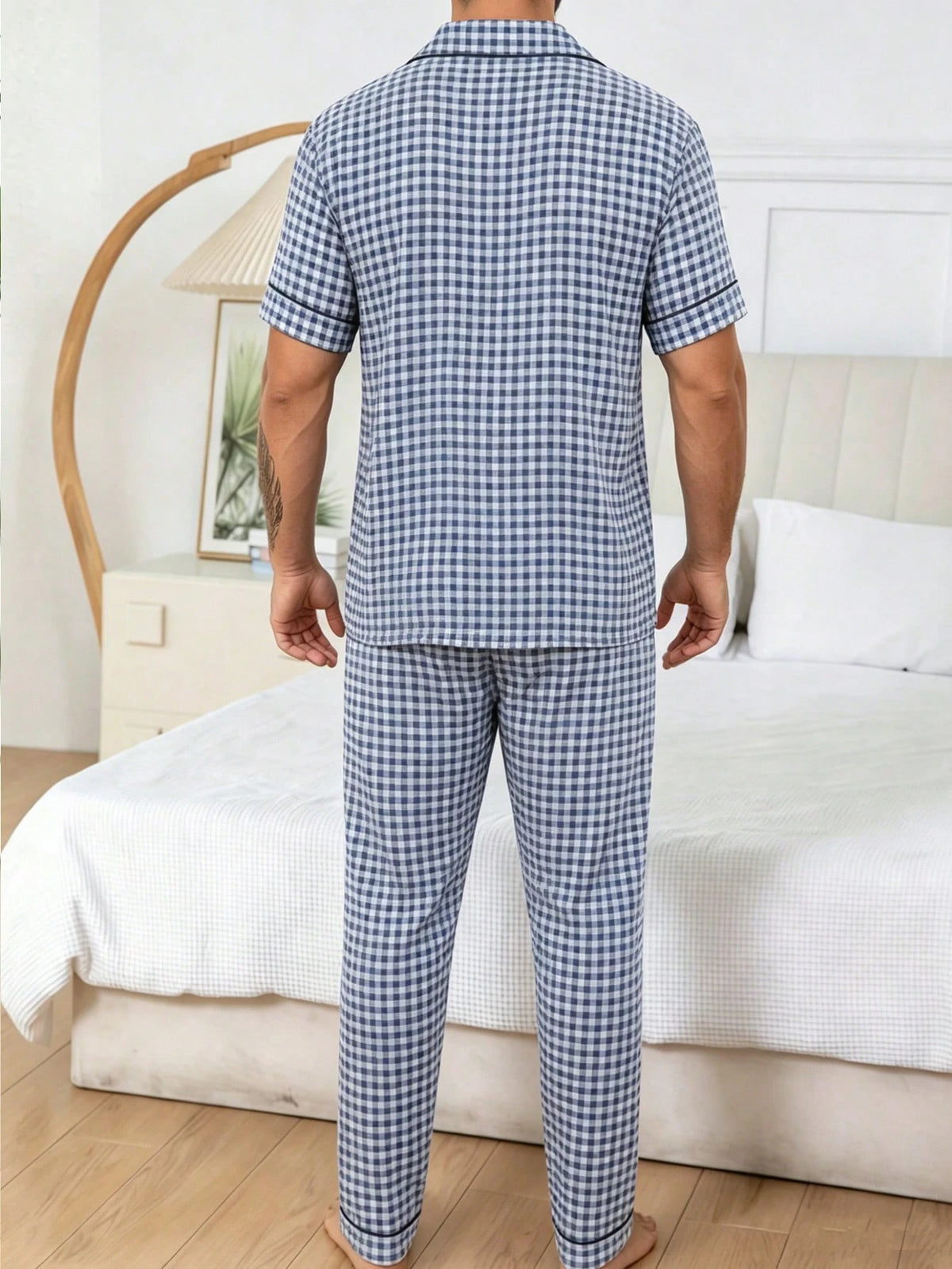 Men's Casual Plaid Print Short Sleeve Shirt And Pants 2-Piece Pajama Set, Comfortable Home Wear, Spring/Summer