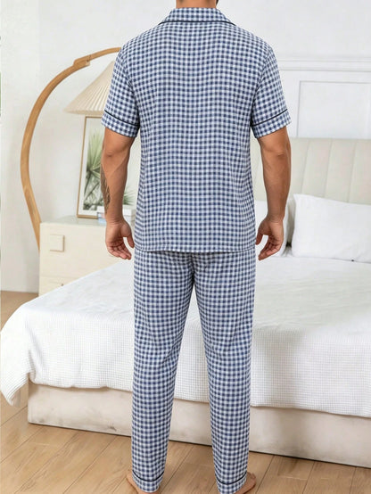 Men's Casual Plaid Print Short Sleeve Shirt And Pants 2-Piece Pajama Set, Comfortable Home Wear, Spring/Summer