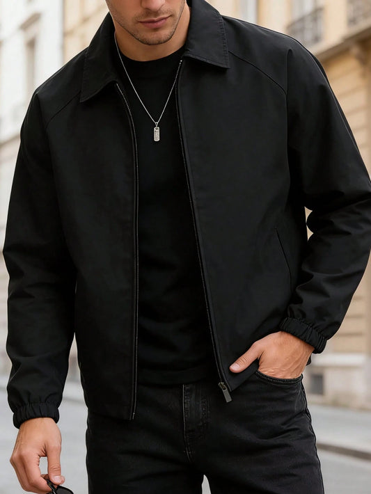Men's Casual Solid Color Coach Jacket, Fashionable Versatile Collared Lightweight Jacket For Autumn