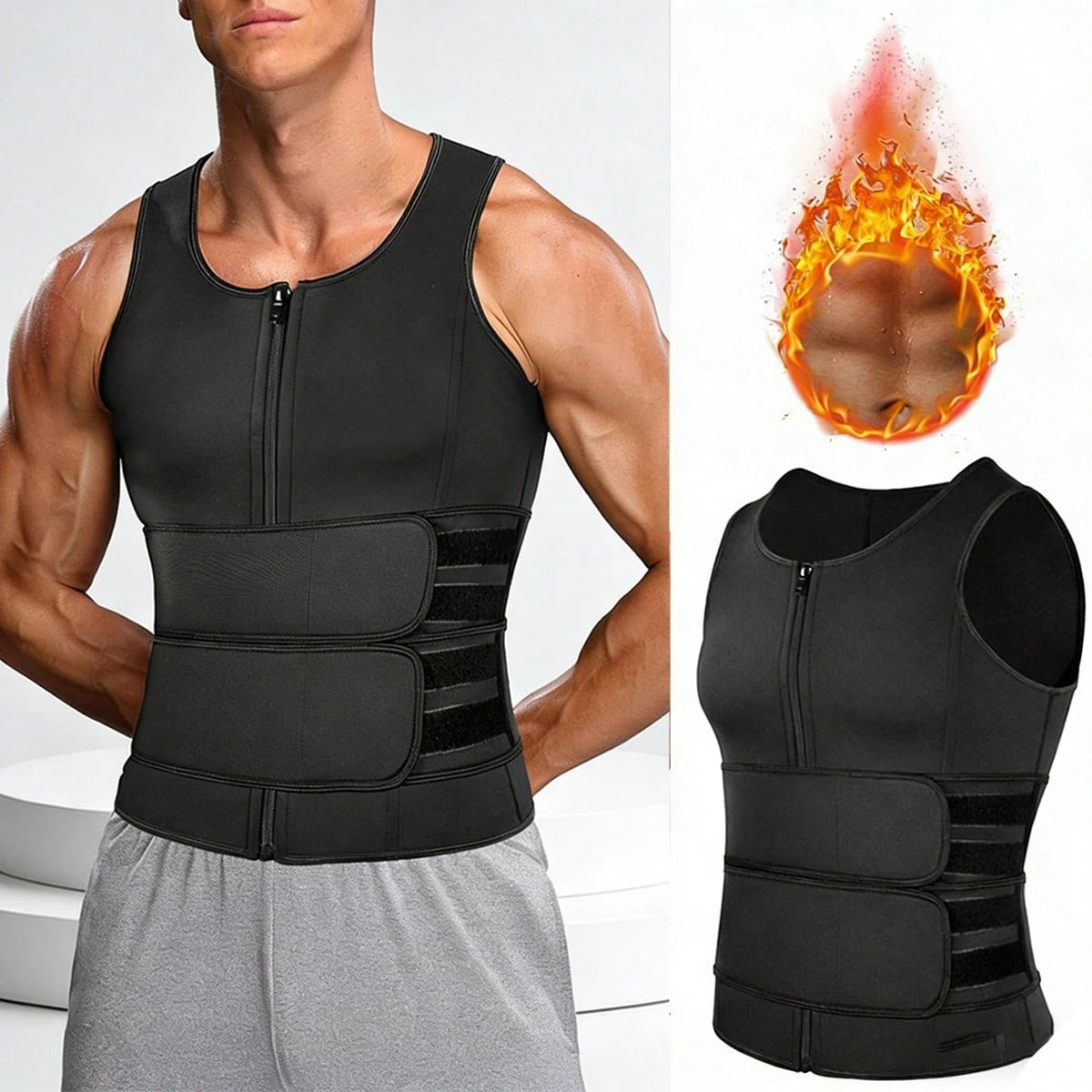 Men's Double Waist Cinch Shapewear Zipper Closure Abdominal And Bust Support Vest Gym Sweat-Proof Body Shaper Sculpting Belly Fat
