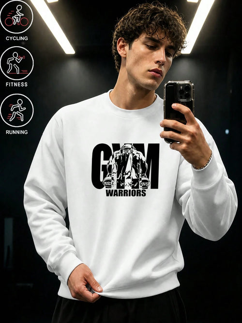 Men's Gym Warriors Graphic Crew Neck Sweatshirt, Loose Fit Pullover, Suitable For Weightlifting, Running, Cycling, Fitness Training And Outdoor Sports Daily Wear