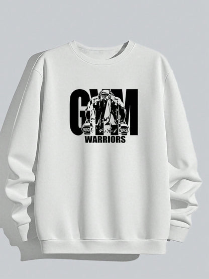 Men's Gym Warriors Graphic Crew Neck Sweatshirt, Loose Fit Pullover, Suitable For Weightlifting, Running, Cycling, Fitness Training And Outdoor Sports Daily Wear
