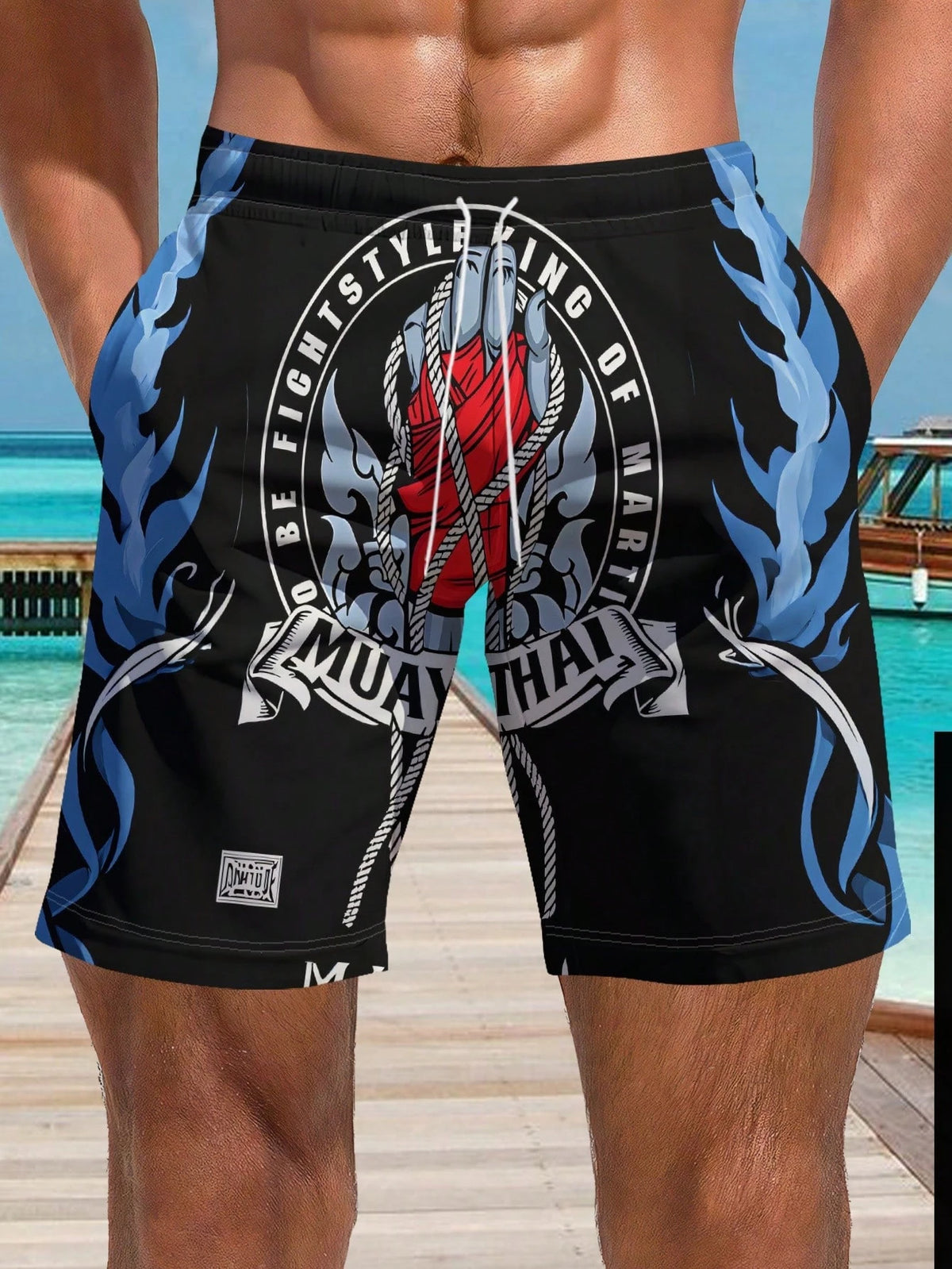 Men's Muay Thai Print Beach Shorts, Polyester Quick-Dry Sports Shorts, Summer Vacation Surfing Casual Pants, Daily Casual Wear