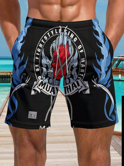 Men's Muay Thai Print Beach Shorts, Polyester Quick-Dry Sports Shorts, Summer Vacation Surfing Casual Pants, Daily Casual Wear