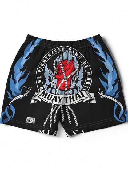 Men's Muay Thai Print Beach Shorts, Polyester Quick-Dry Sports Shorts, Summer Vacation Surfing Casual Pants, Daily Casual Wear