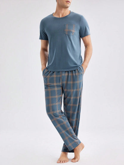 Men's Patchwork Pocketed Top & Plaid Pants Homewear Set, Spring & Summer