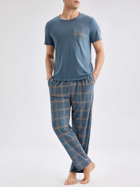 Men's Patchwork Pocketed Top & Plaid Pants Homewear Set, Spring & Summer