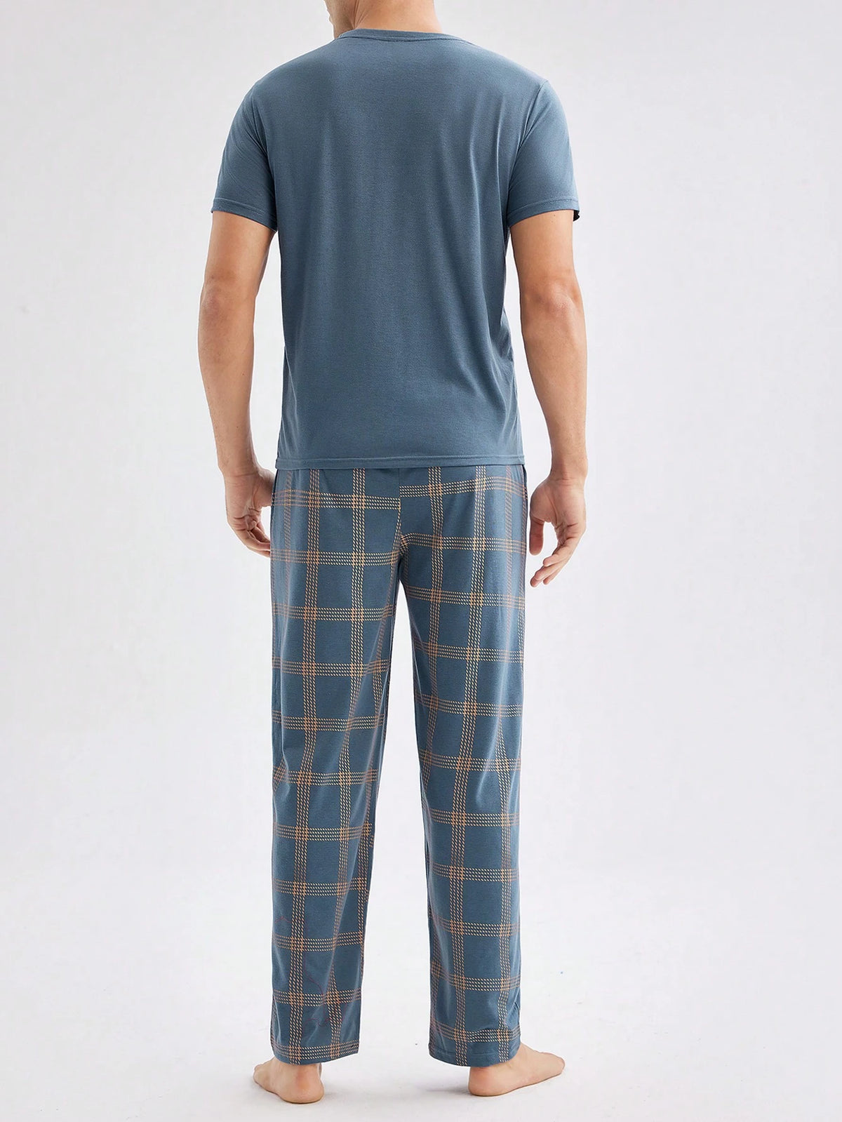 Men's Patchwork Pocketed Top & Plaid Pants Homewear Set, Spring & Summer