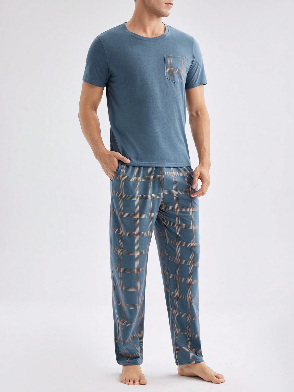 Men's Patchwork Pocketed Top & Plaid Pants Homewear Set, Spring & Summer