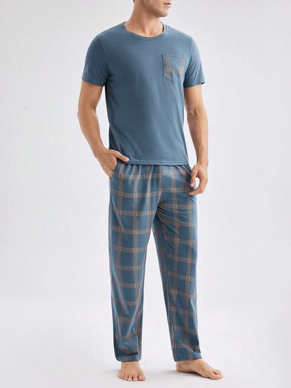 Men's Patchwork Pocketed Top & Plaid Pants Homewear Set, Spring & Summer