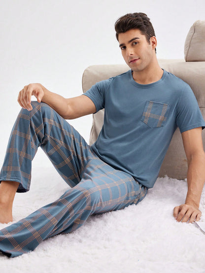 Men's Patchwork Pocketed Top & Plaid Pants Homewear Set, Spring & Summer