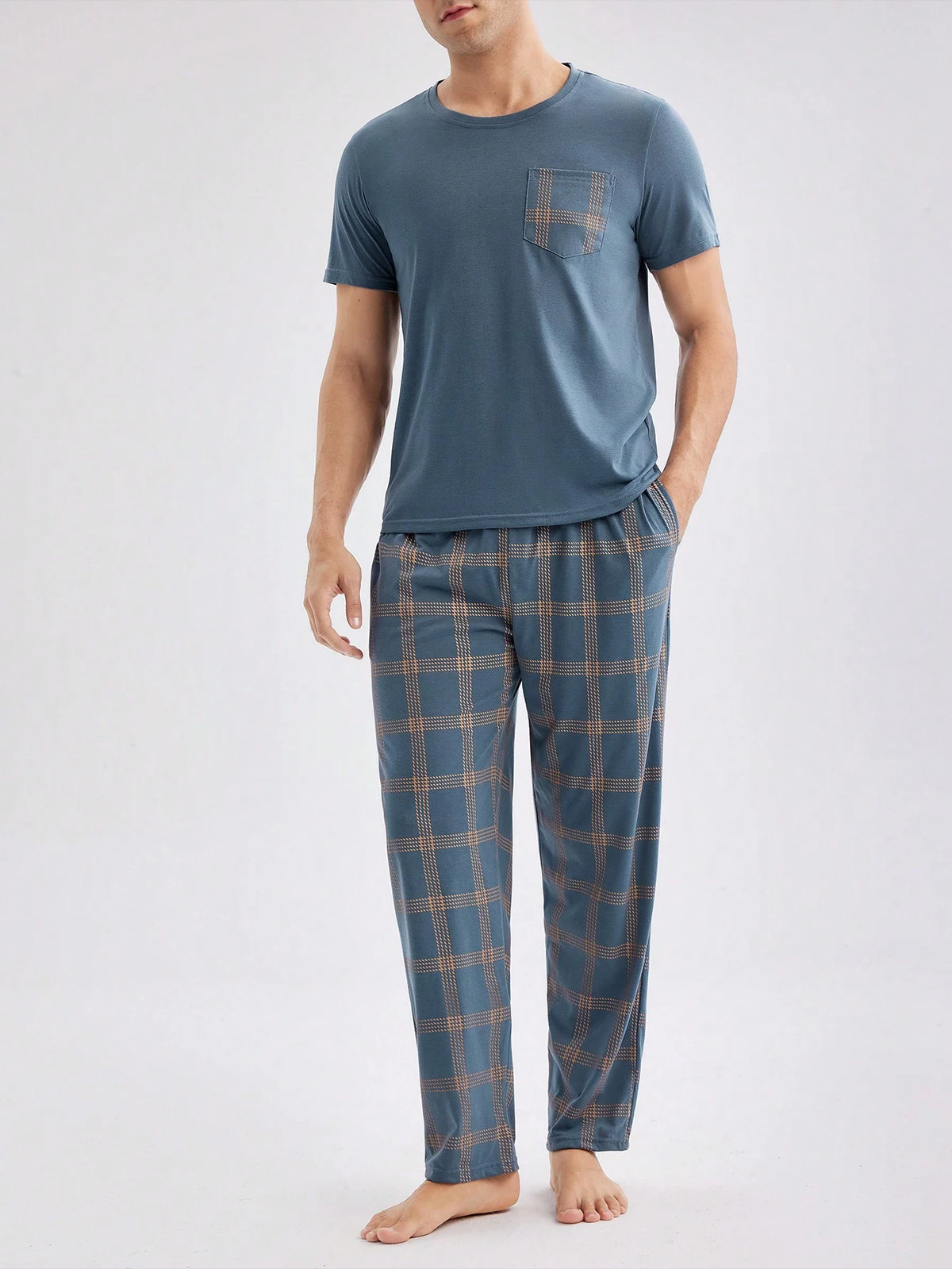 Men's Patchwork Pocketed Top & Plaid Pants Homewear Set, Spring & Summer