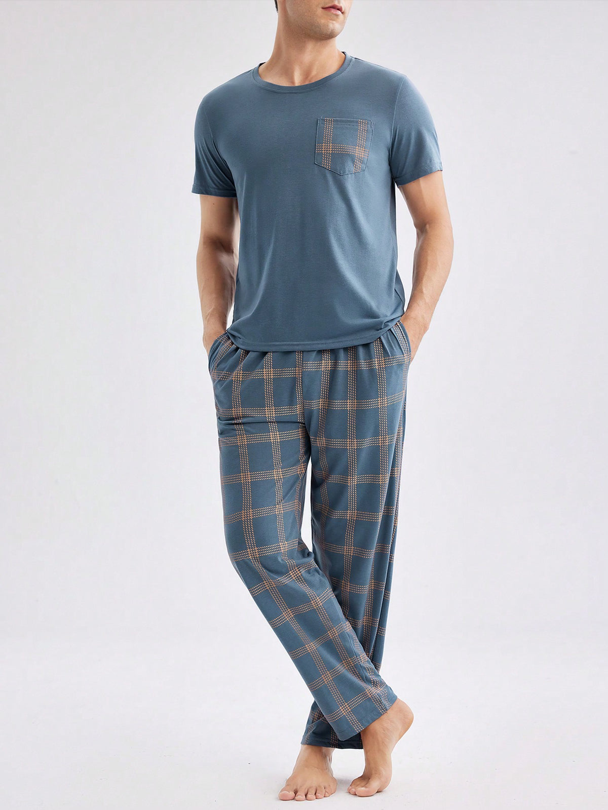 Men's Patchwork Pocketed Top & Plaid Pants Homewear Set, Spring & Summer