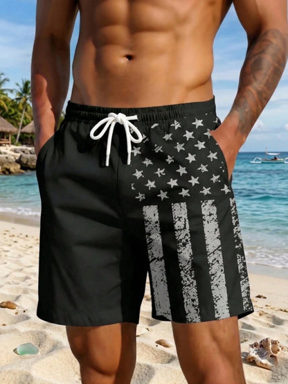 Men's Plus Size Flag Print Unlined Drawstring Elastic Waist Side Pocket Casual Vacation Beach Shorts