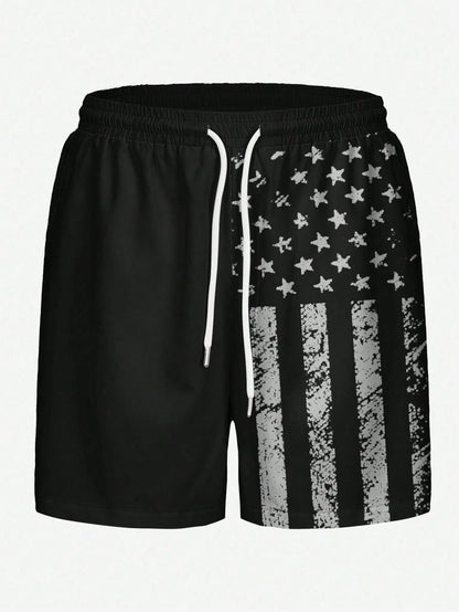 Men's Plus Size Flag Print Unlined Drawstring Elastic Waist Side Pocket Casual Vacation Beach Shorts