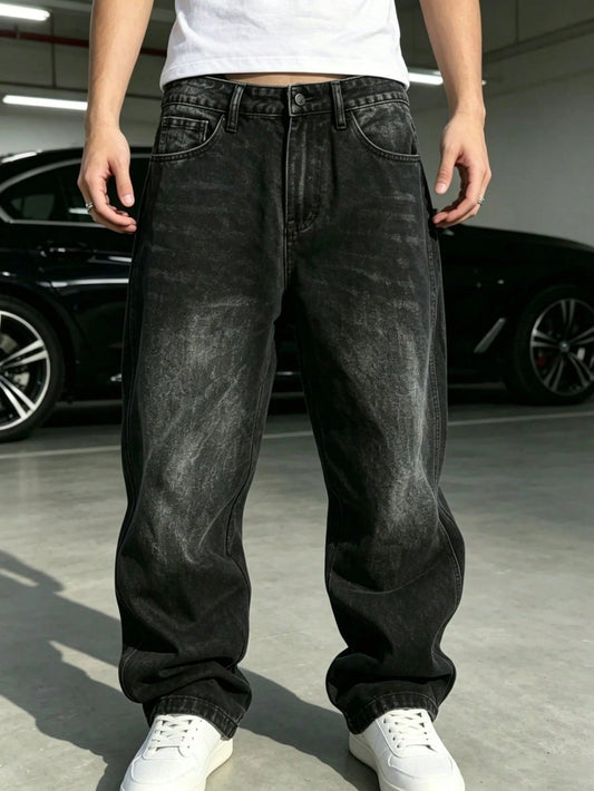 Men's Plus Size Loose Fit Solid Black Denim Jeans With Pockets Streetwear
