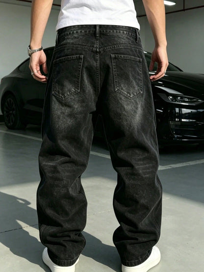 Men's Plus Size Loose Fit Solid Black Denim Jeans With Pockets Streetwear